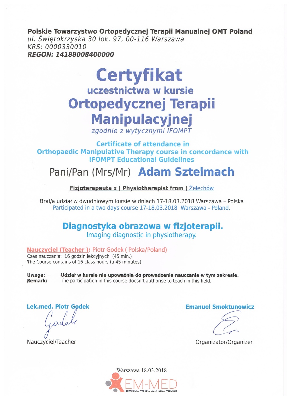 PTOTM OTM Certyfikat Diagnostyka obrazowa w fizjoterapii