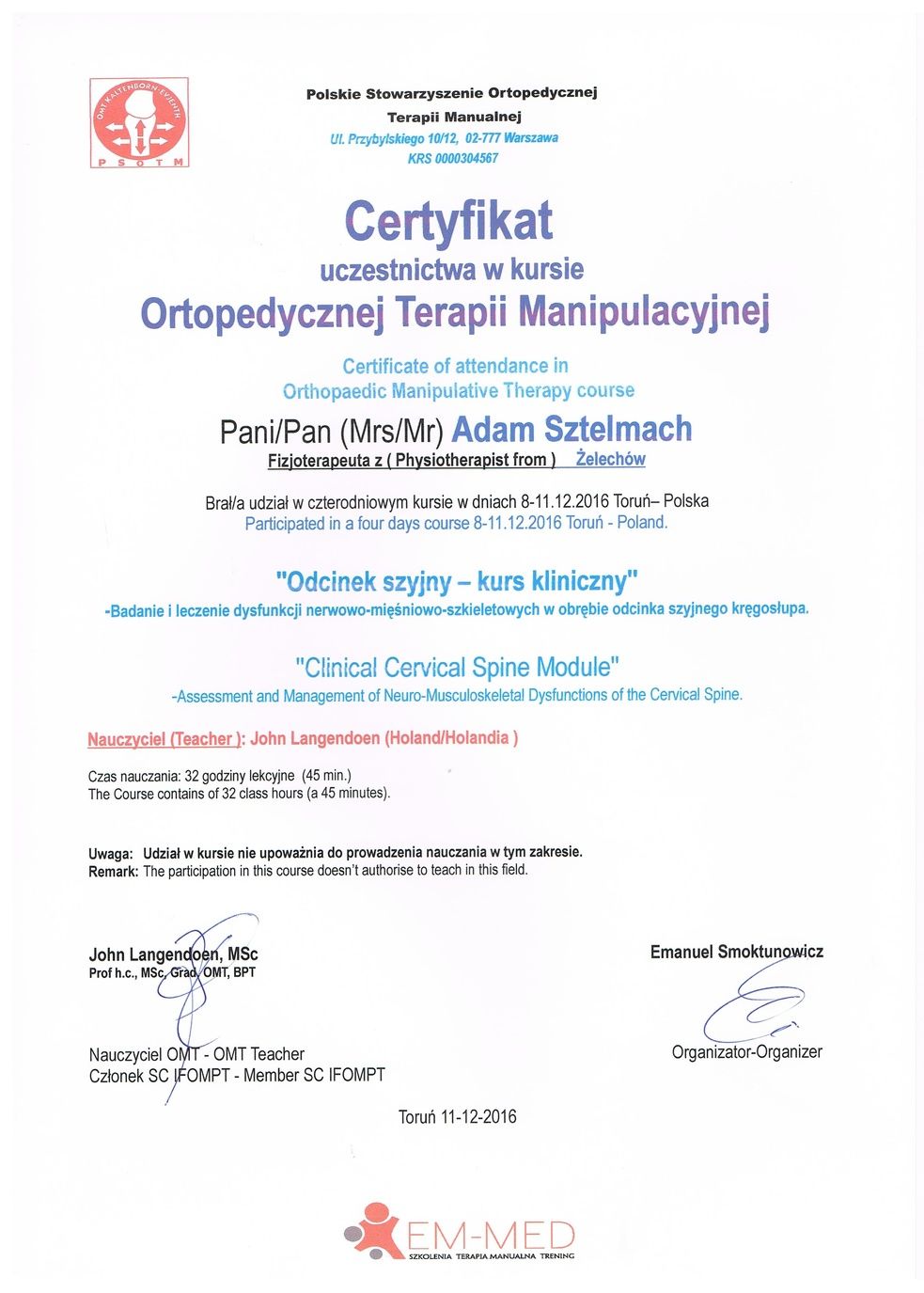 PSOTM Certyfikat Odcinek szyjny - kurs kliniczny