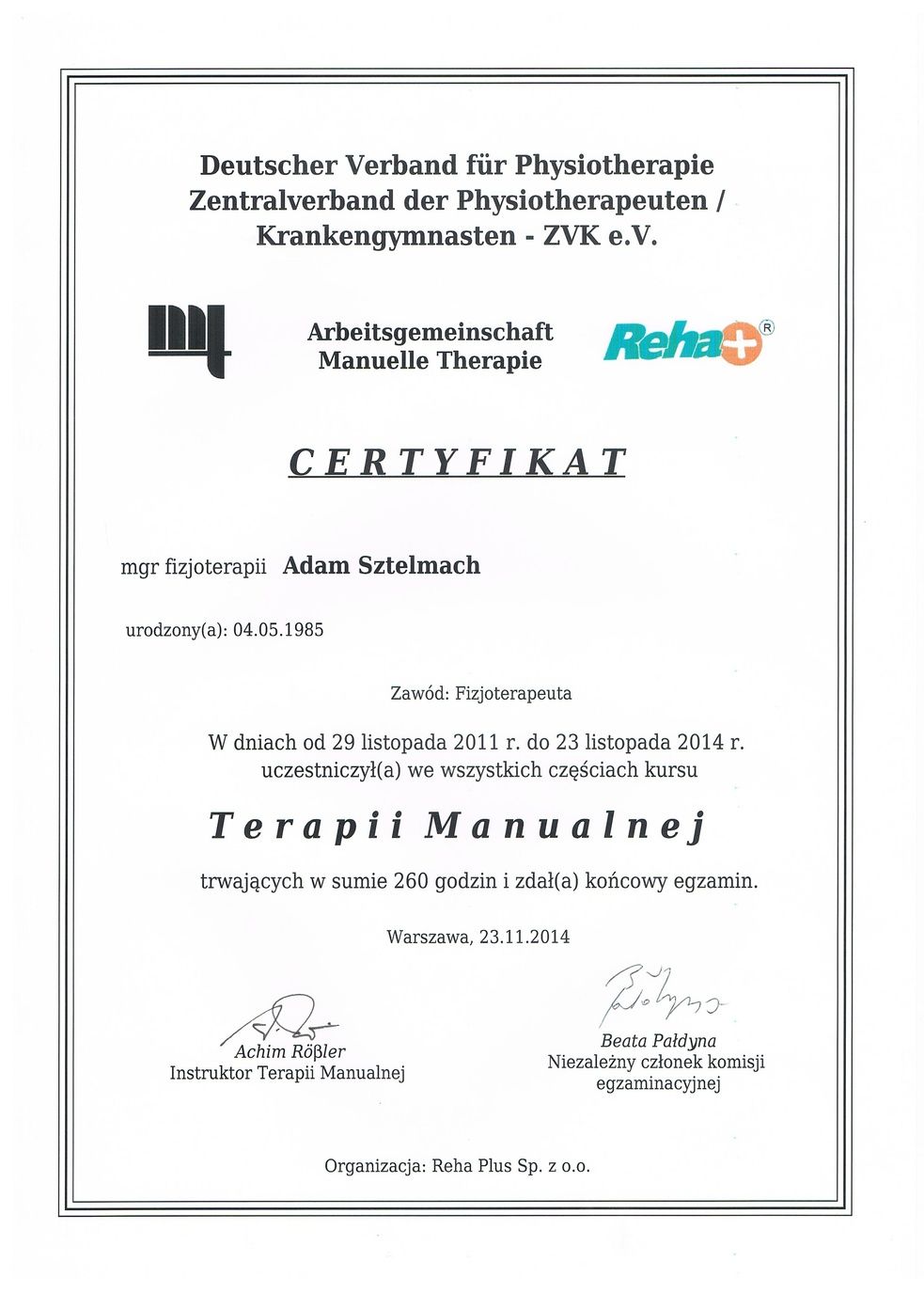 Reha+ Certyfikat Terapii Manualnej