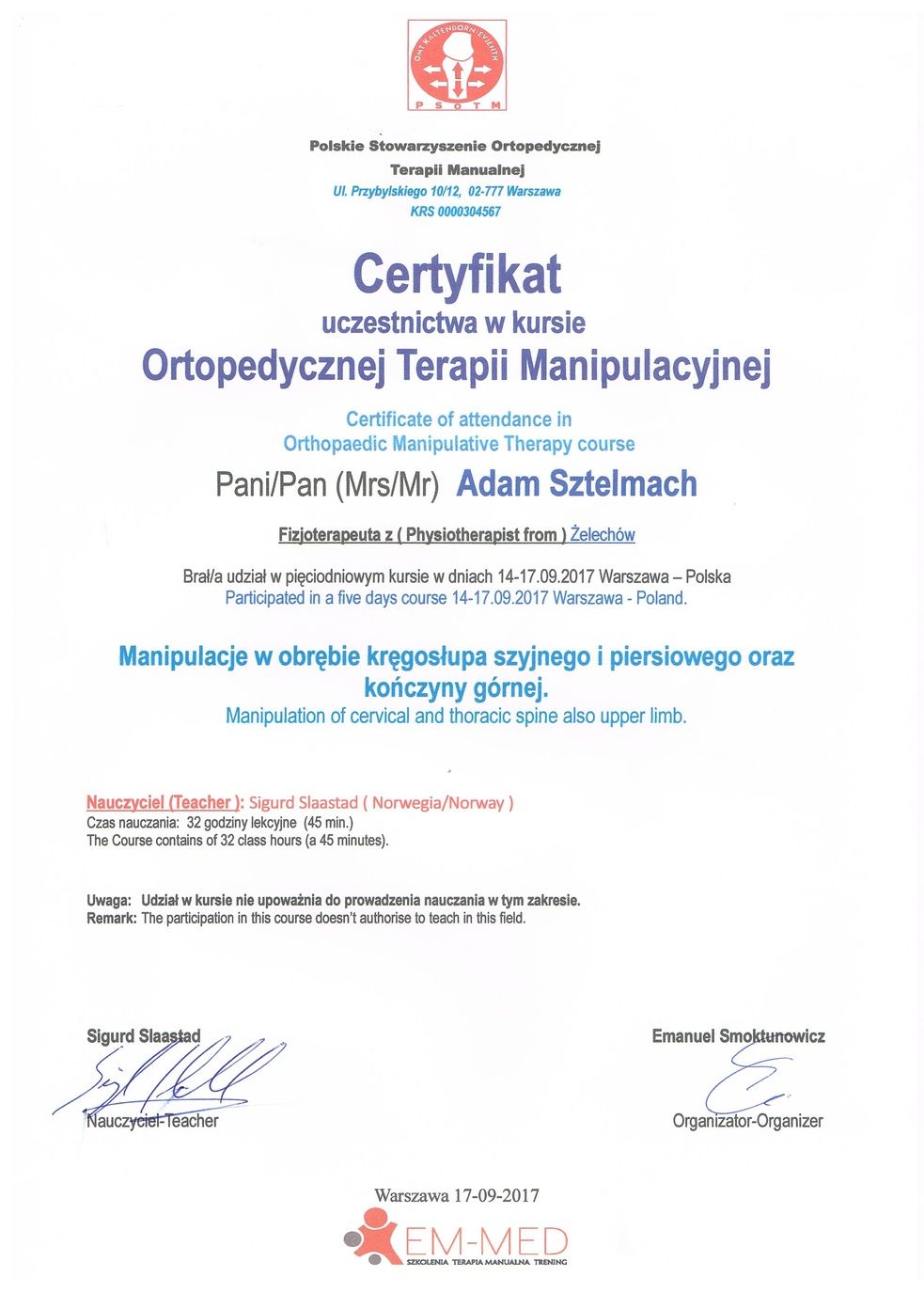 PSOTM Certyfikat Manipulacje w obrębie kręgosłupa szyjnego i piersiowego oraz kończyny górnej
