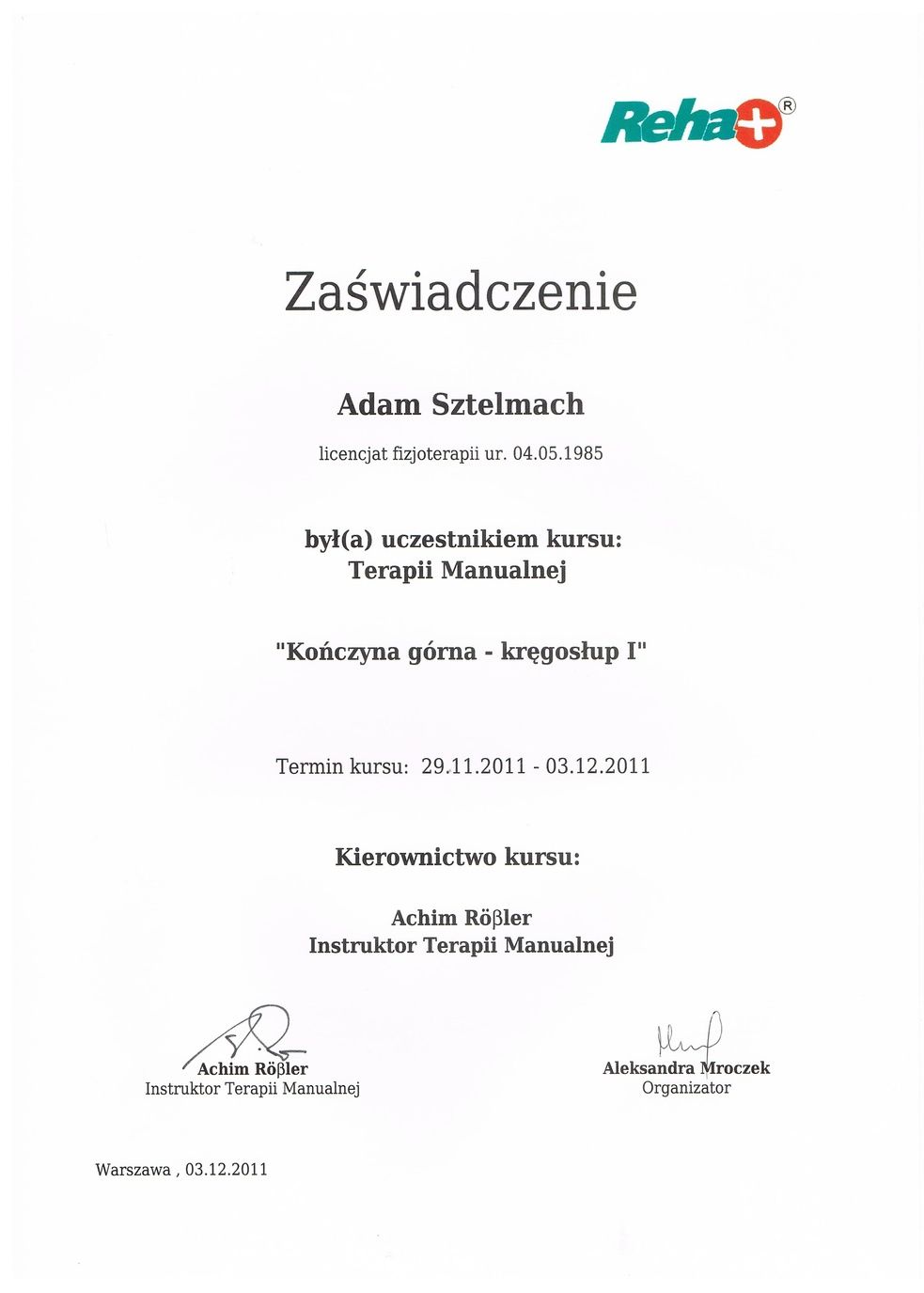 Zaświadczenie Kończyna górna - kręgosłup I