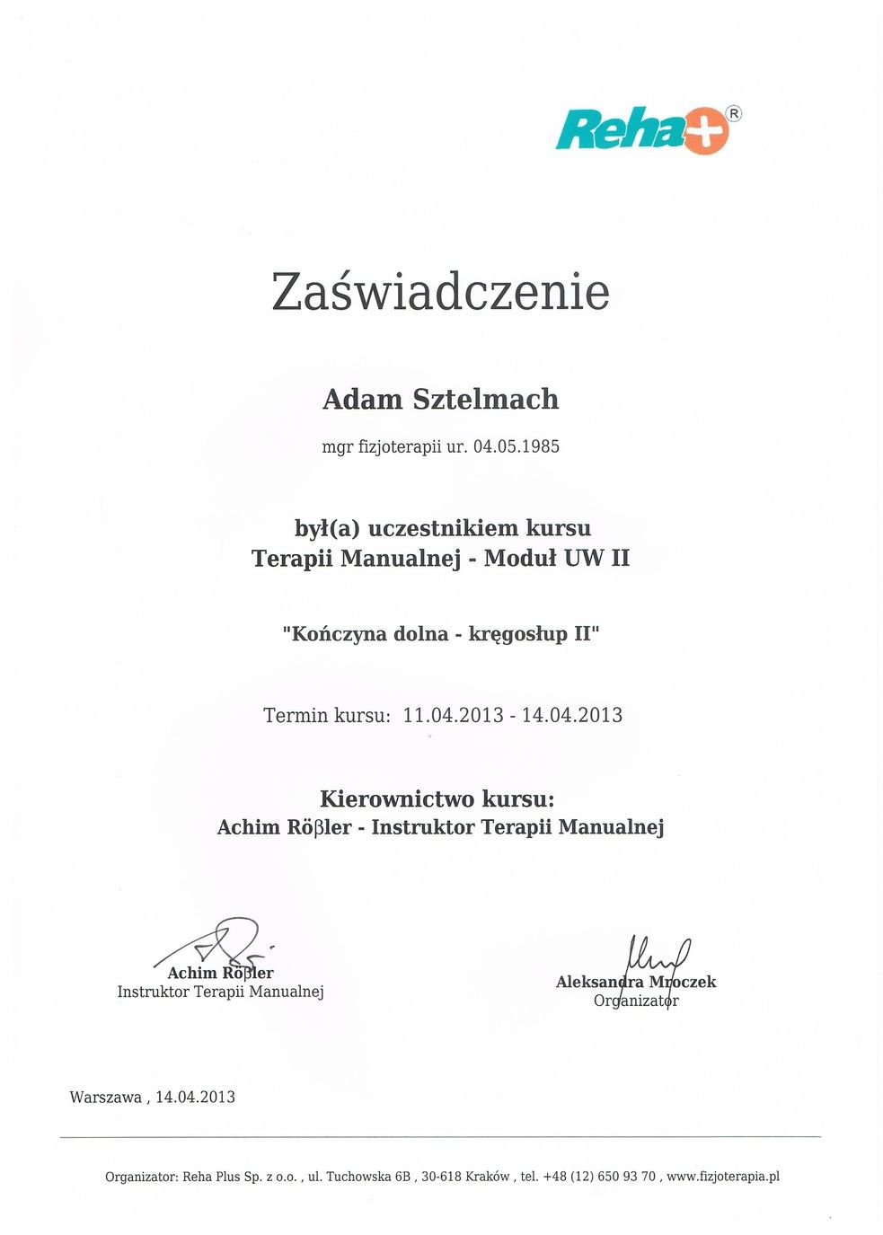 Reha+ Zaświadczenie Kończyna dolna - kręgosłup II