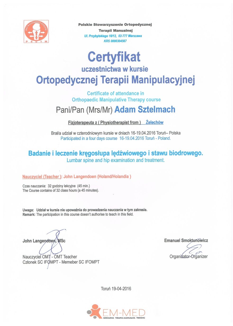 PSOTM Certyfikat Badanie i leczenie kręgosłupa lędźwiowego i stawu biodrowego