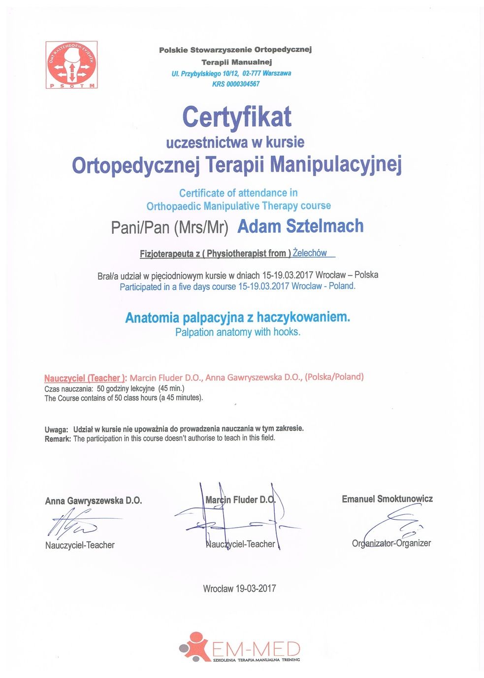 PSOTM Certyfikat Anatomia palpacyjna z haczykowaniem