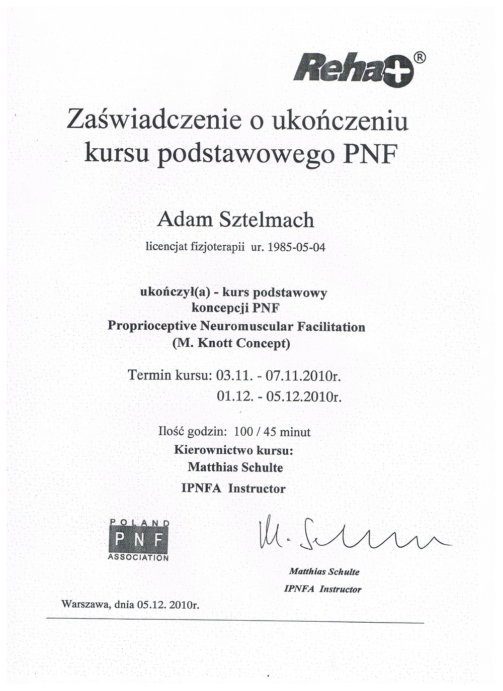 Reha+ Zaświadczenie Kurs Proprioceptive neuromuscular Facilitation