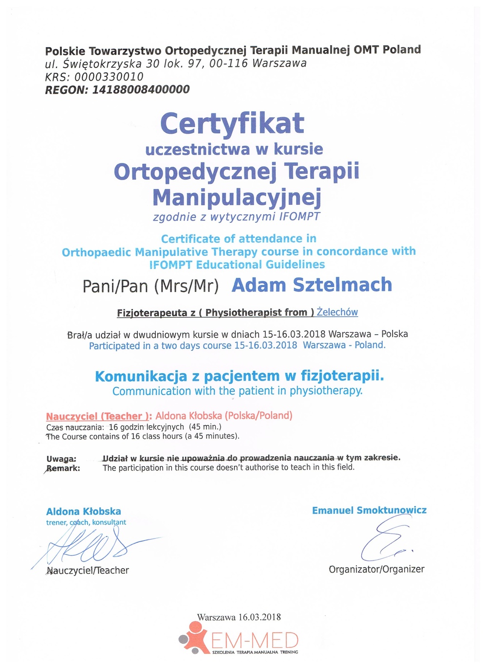 PTOTM OTM Certyfikat Komunikacja z pacjentem fizjoterapii