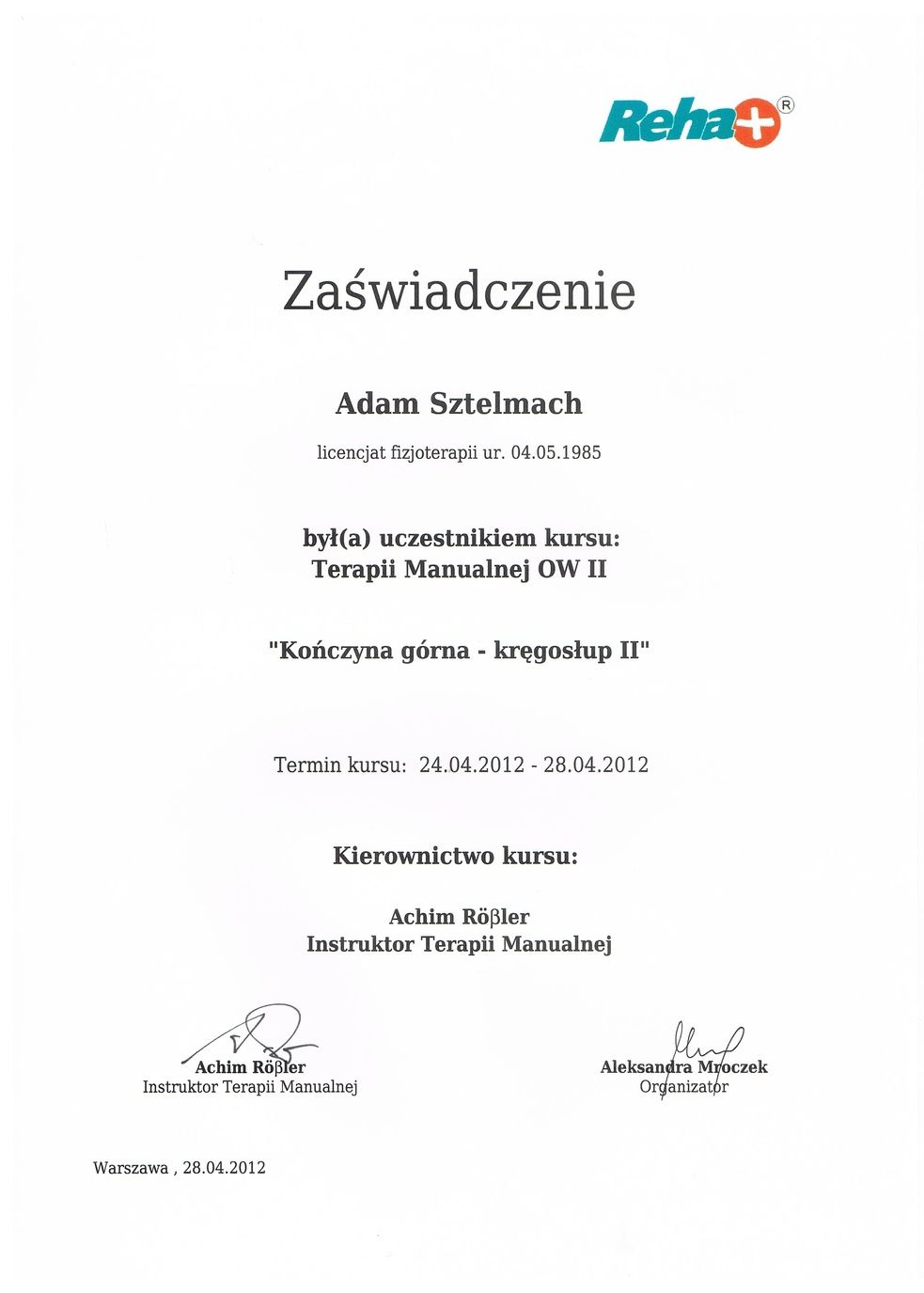 Reha+ Zaświadczenie Kończyna górna - kręgosłup II